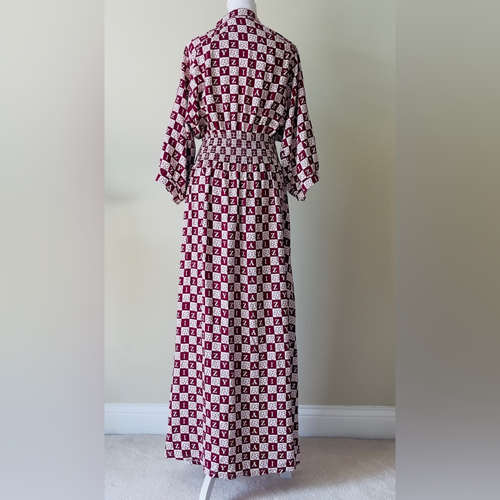 Elegant Red and White Patterned 3/4 Sleeve Maxi Dress Size XL - Picture 3 of 4